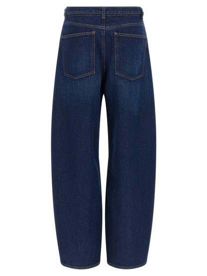 Jeans by Twinset for women in denim cotton blue, gold & patterned presents a tailored silhouette, showcasing a tailored relaxed-fit and long cut with a refined high rise for a truly tailored aesthetic.