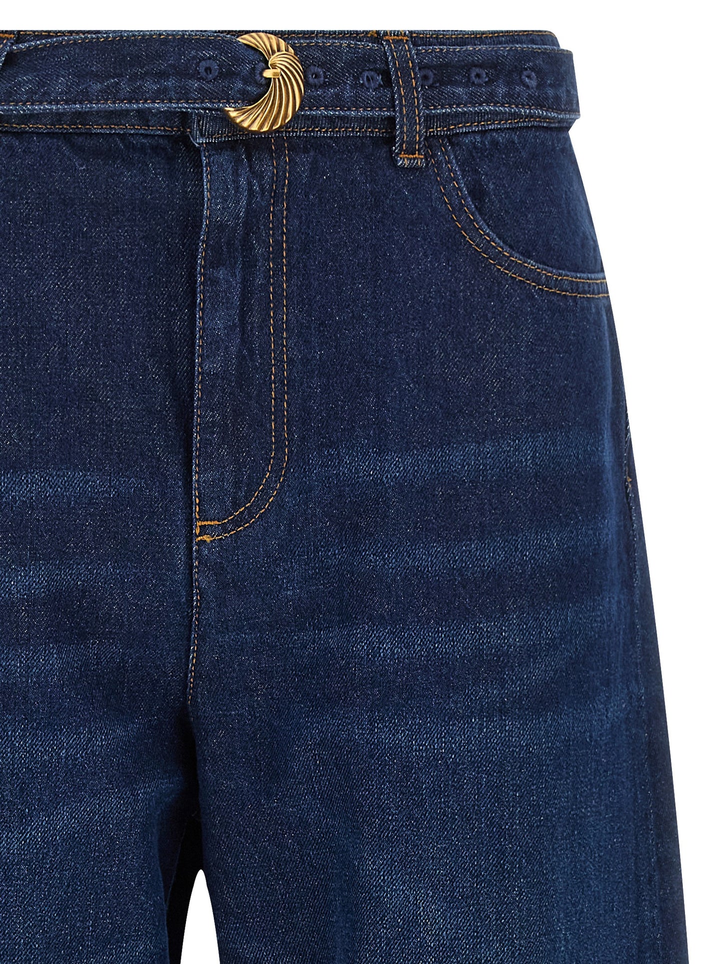 Jeans by Twinset for women in denim cotton blue, gold & patterned features a polished silhouette with a polished relaxed-fit, reaching a polished long and finished with a polished high rise.