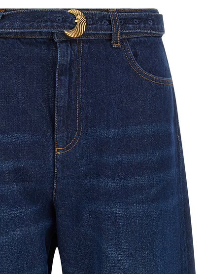 Jeans by Twinset for women in denim cotton blue, gold & patterned features a polished silhouette with a polished relaxed-fit, reaching a polished long and finished with a polished high rise.