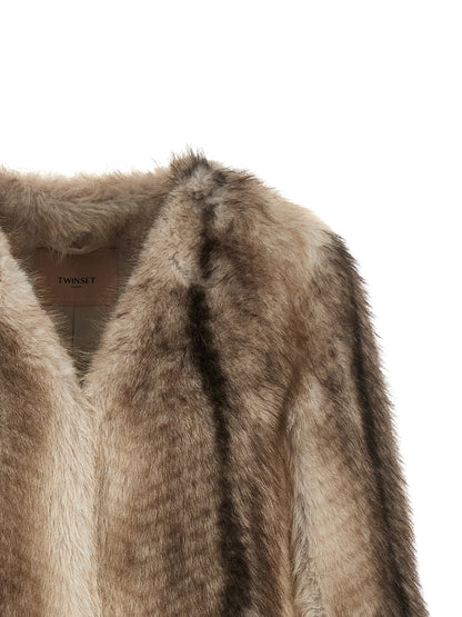Overcoat by Twinset for women in polyester fur gradient, beige, black, brown, patterned & striped presents a luxurious silhouette, showcasing a luxurious v-neck hooded neckline and sophisticated hooded for a premium, luxurious look.