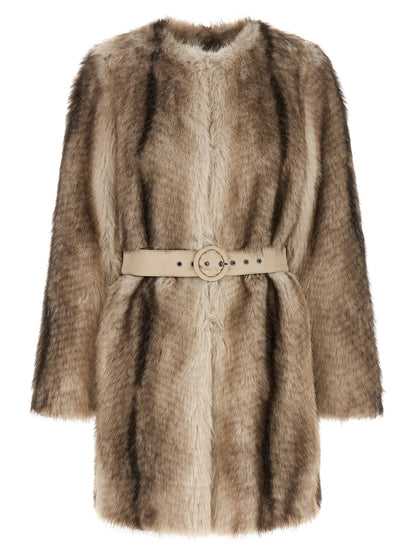 Overcoat by Twinset for women in polyester & fur beige & brown features a cosy chic silhouette, artfully detailed with a sophisticated round neckline and premium for a cosy chic finish.