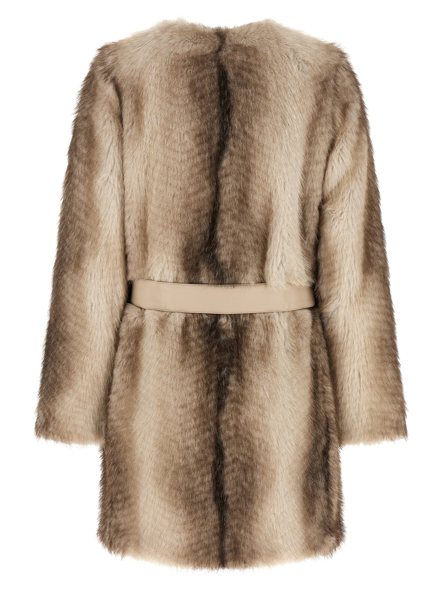 Overcoat by Twinset for women in polyester & fur beige & brown showcases a enveloping silhouette, detailed with distinctive and a enveloping round neckline.
