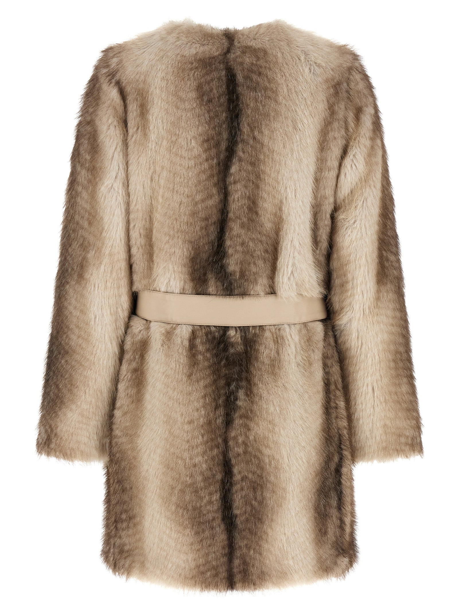Overcoat by Twinset for women in polyester & fur beige & brown showcases a enveloping silhouette, detailed with distinctive and a enveloping round neckline.