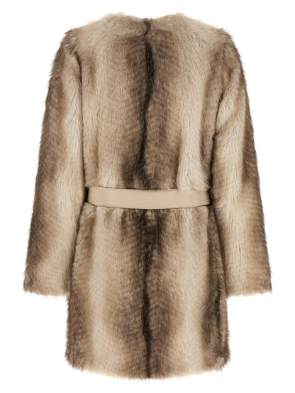 Overcoat by Twinset for women in polyester & fur beige & brown showcases a enveloping silhouette, detailed with distinctive and a enveloping round neckline.