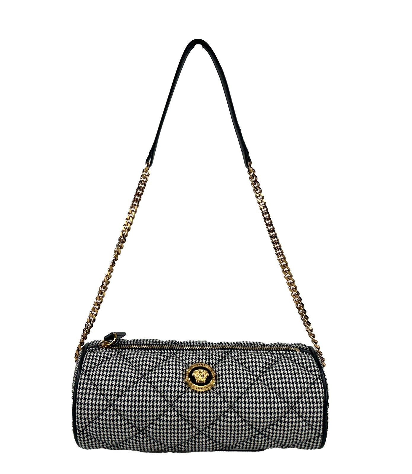 Small Quilted Crossbody Evening Sling Handbag by Versace for women in leather & cotton gold, patterned & argyle showcases a versatile sophistication silhouette, featuring a secure zipper, versatile sophistication , and versatile crossbody-strap for a versatile sophistication finish.