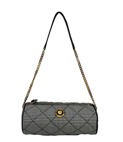 Small Quilted Crossbody Evening Sling Handbag by Versace for women in leather & cotton gold, patterned & argyle showcases a versatile sophistication silhouette, featuring a secure zipper, versatile sophistication , and versatile crossbody-strap for a versatile sophistication finish.