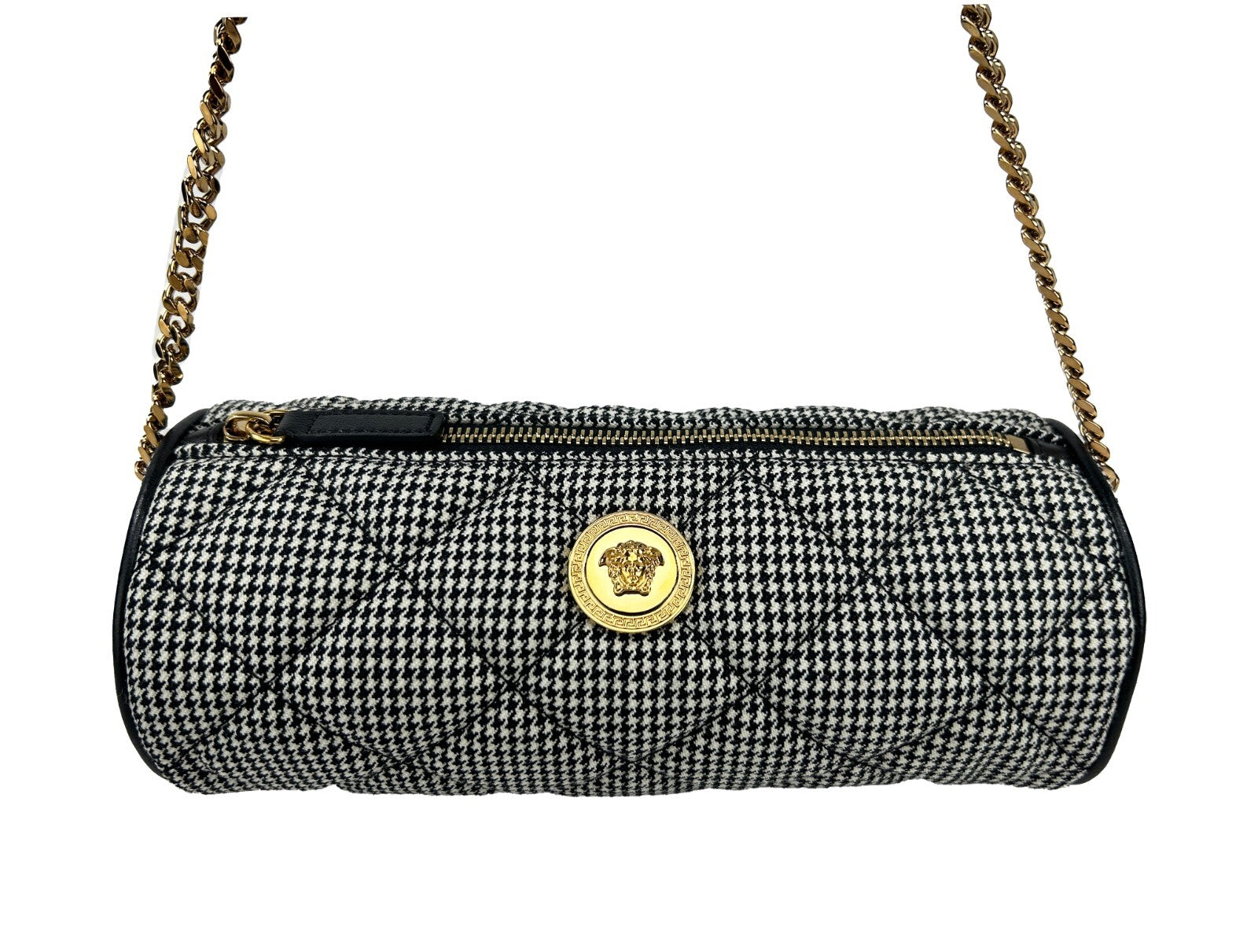 Small Quilted Crossbody Evening Sling Handbag by Versace for women in leather & cotton gold, patterned & argyle features an versatile silhouette, showcasing a secure zipper and versatile with versatile crossbody-strap for a versatile finish.