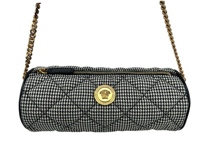 Small Quilted Crossbody Evening Sling Handbag by Versace for women in leather & cotton gold, patterned & argyle features an versatile silhouette, showcasing a secure zipper and versatile with versatile crossbody-strap for a versatile finish.