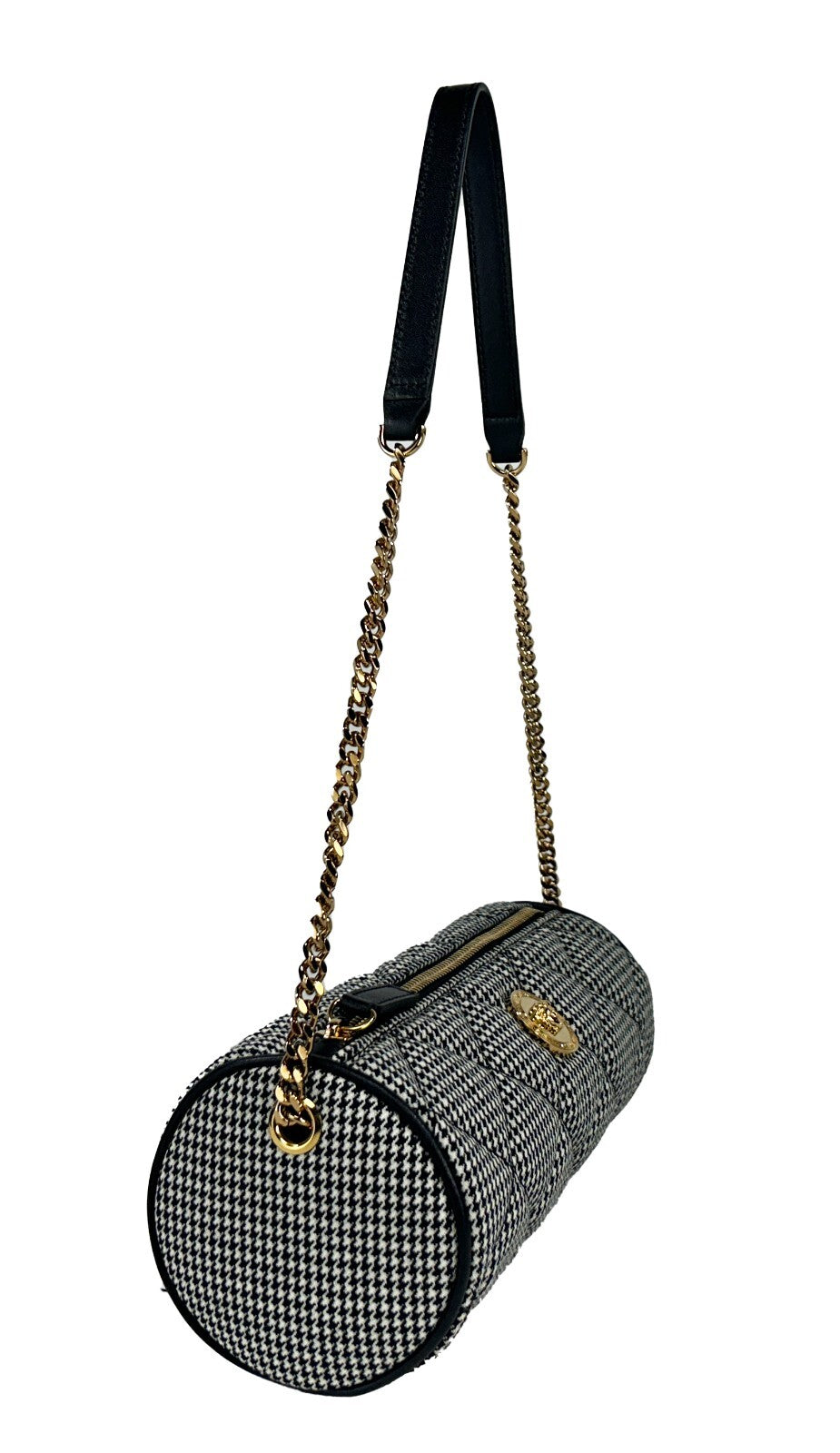 Small Quilted Crossbody Evening Sling Handbag by Versace for women in leather & cotton gold, patterned & argyle features a transformative sophistication silhouette, showcasing a secure zipper, ample , and versatile crossbody-strap for a transformative sophistication look.