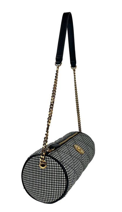 Small Quilted Crossbody Evening Sling Handbag by Versace for women in leather & cotton gold, patterned & argyle features a transformative sophistication silhouette, showcasing a secure zipper, ample , and versatile crossbody-strap for a transformative sophistication look.