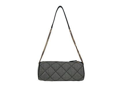 Small Quilted Crossbody Evening Sling Handbag by Versace for women in leather & cotton gold, patterned & argyle showcases a versatile sophistication silhouette, featuring a secure zipper, versatile sophistication , and versatile crossbody-strap for a versatile sophistication finish.