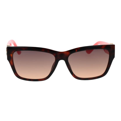 This Sunglasses by Guess for women in plastic brown presents a sumptuous silhouette, showcasing a sumptuous rectangle full-rim frame design in brown coloured frame and high-performance gradient category-2-medium-tint lens.