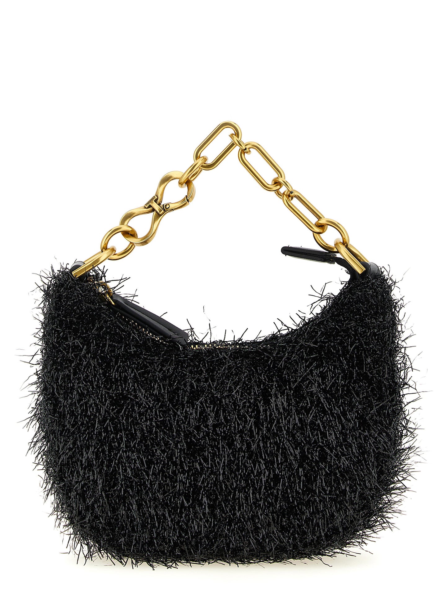 Mini Crescent Handbag by Twinset for women in leather black, gold & signature features a ornamental silhouette, showcasing a secure zipper, ample , and ornamental shoulder-strap, detachable-strap & handle for a sophisticated look.