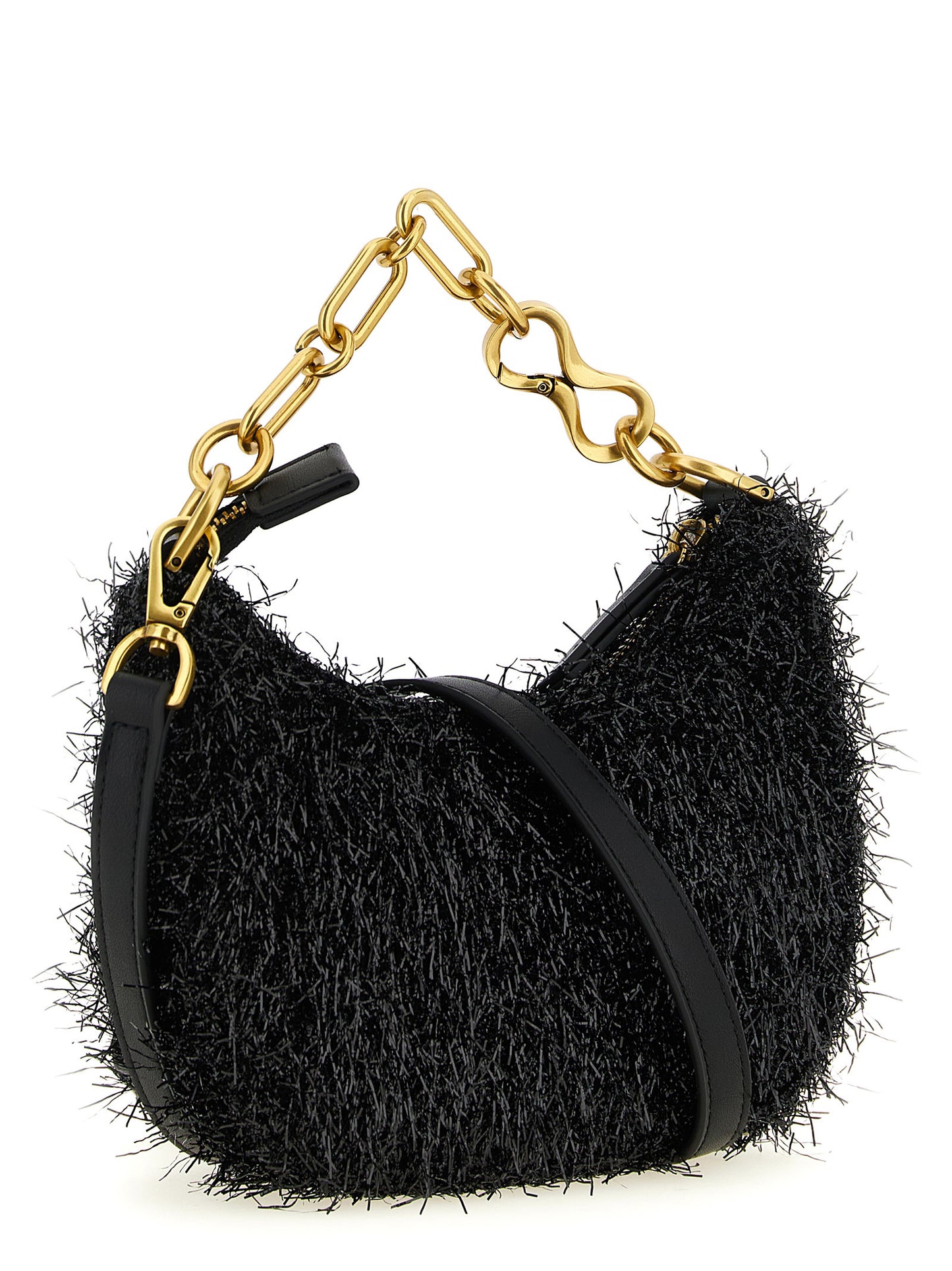 Mini Crescent Handbag by Twinset for women in leather black, gold & signature features a refined silhouette, showcasing a secure zipper, organized , and versatile shoulder-strap, detachable-strap & handle for a refined finish.