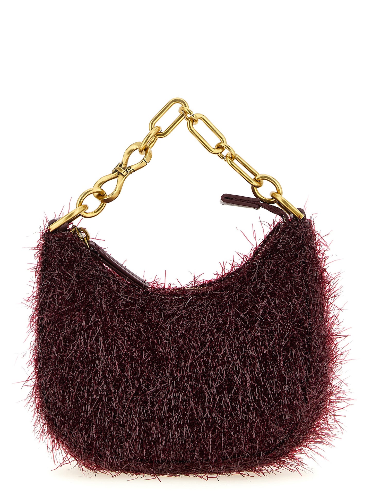 Mini Evening Crescent Handbag by Twinset for women in leather bordeaux & gold presents a ornamental silhouette, showcasing a secure zipper, ample , and versatile shoulder-strap, detachable-strap & handle for a ornamental finish.
