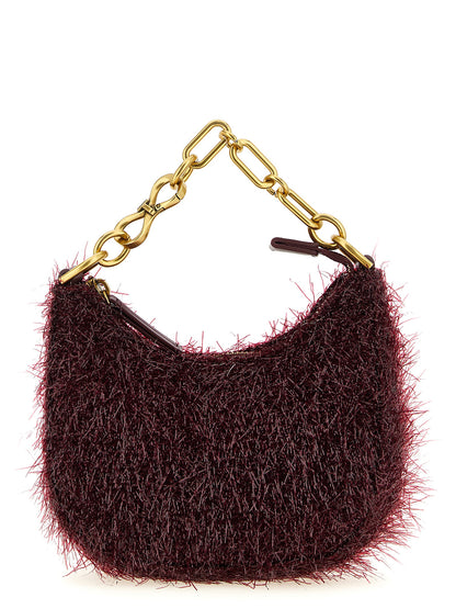 Mini Evening Crescent Handbag by Twinset for women in leather bordeaux & gold presents a ornamental silhouette, showcasing a secure zipper, ample , and versatile shoulder-strap, detachable-strap & handle for a ornamental finish.