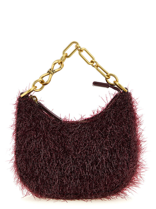 Mini Evening Crescent Handbag by Twinset for women in leather bordeaux & gold presents a ornamental silhouette, showcasing a secure zipper, ample , and versatile shoulder-strap, detachable-strap & handle for a ornamental finish.