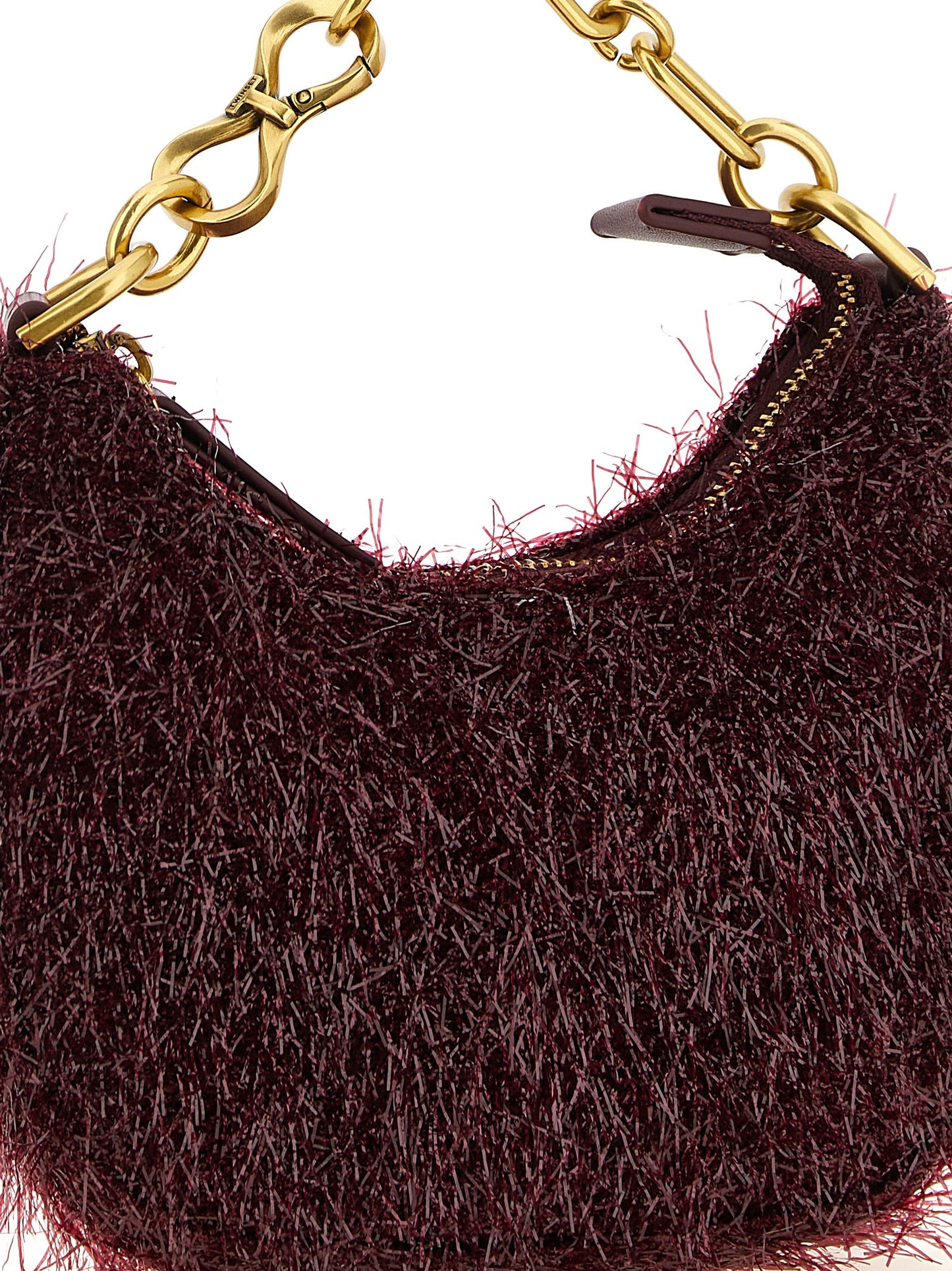 This Mini Evening Crescent Handbag by Twinset for women in leather and bordeaux & gold presents a sculptural silhouette featuring a secure zipper, ample , and versatile shoulder-strap, detachable-strap & handle for a sculptural finish.