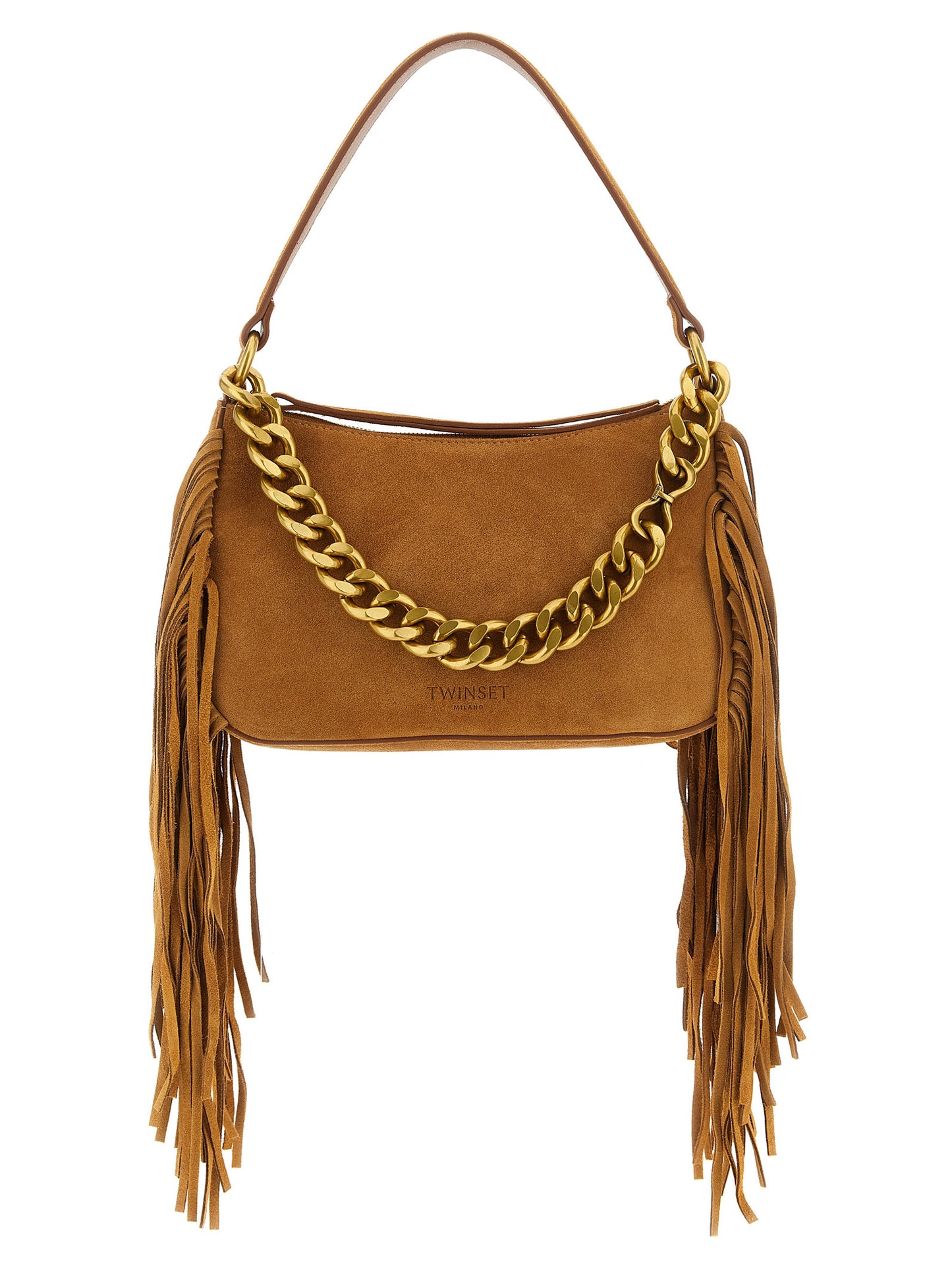 Shoulder Bag by Twinset for women in polyester polyethylene leather brown & gold showcases a statuesque silhouette, artfully detailed with a secure , organized , and versatile shoulder-strap & handle for a statuesque look.