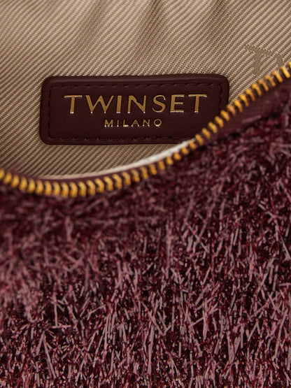 Mini Evening Crescent Handbag by Twinset for women in leather bordeaux & gold features an refined silhouette, showcasing a secure zipper, ample , and versatile shoulder-strap, detachable-strap & handle for a sophisticated refined aesthetic.