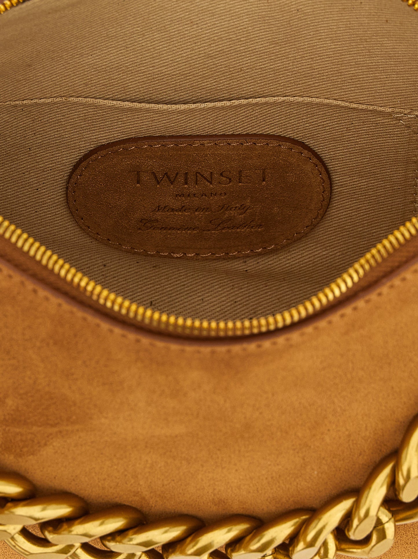 Shoulder Bag by Twinset for women in polyester polyethylene leather brown & gold presents a statuesque silhouette, showcasing a secure and statuesque with versatile shoulder-strap & handle for a sophisticated look.