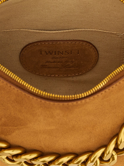Shoulder Bag by Twinset for women in polyester polyethylene leather brown & gold presents a statuesque silhouette, showcasing a secure and statuesque with versatile shoulder-strap & handle for a sophisticated look.
