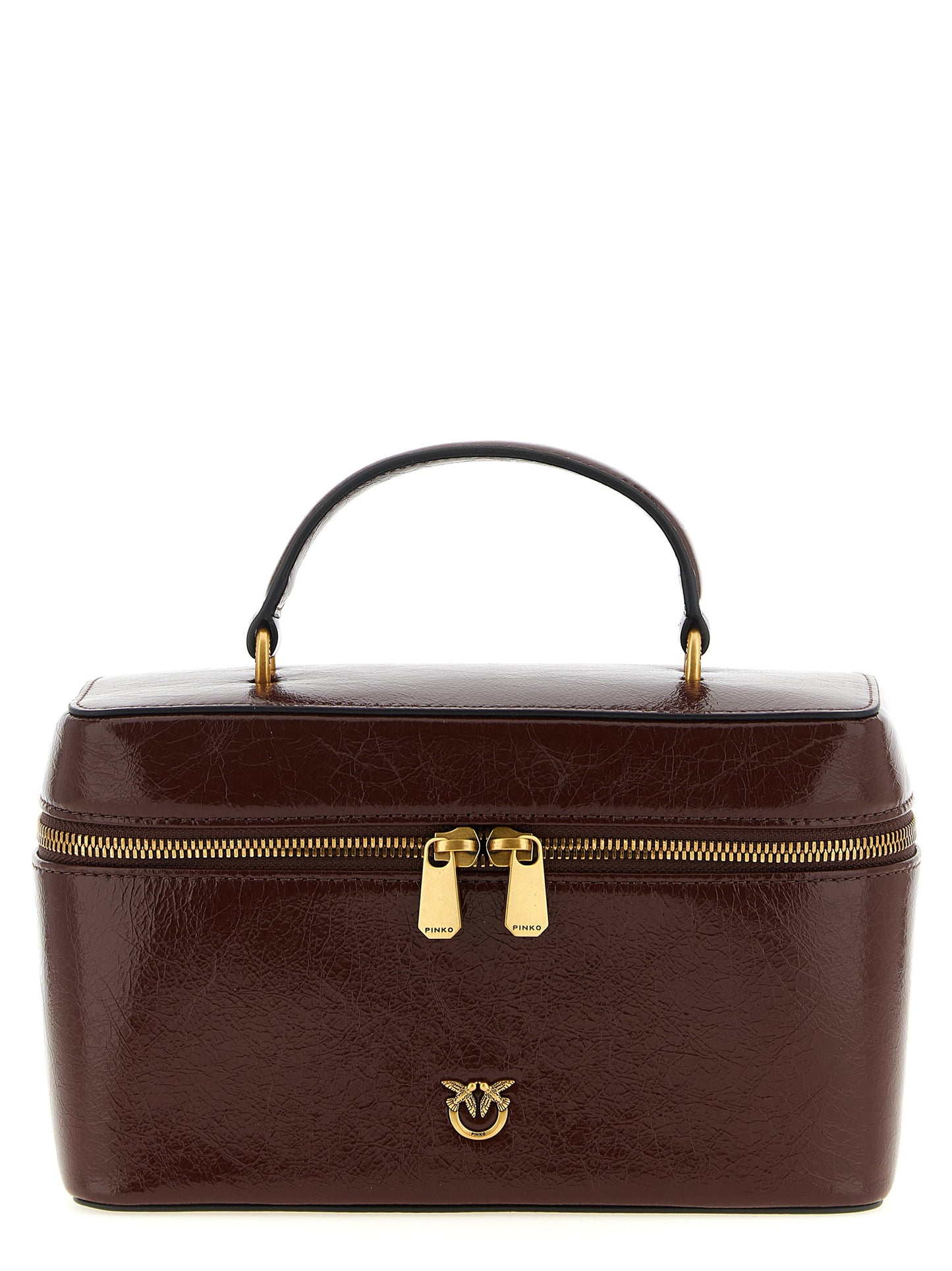 Vanity Handbag by PINKO for women in calfskin leather brown & gold features a refined silhouette, showcasing a secure zipper, organized , and versatile shoulder-strap, handle & adjustable-strap for a refined finish.