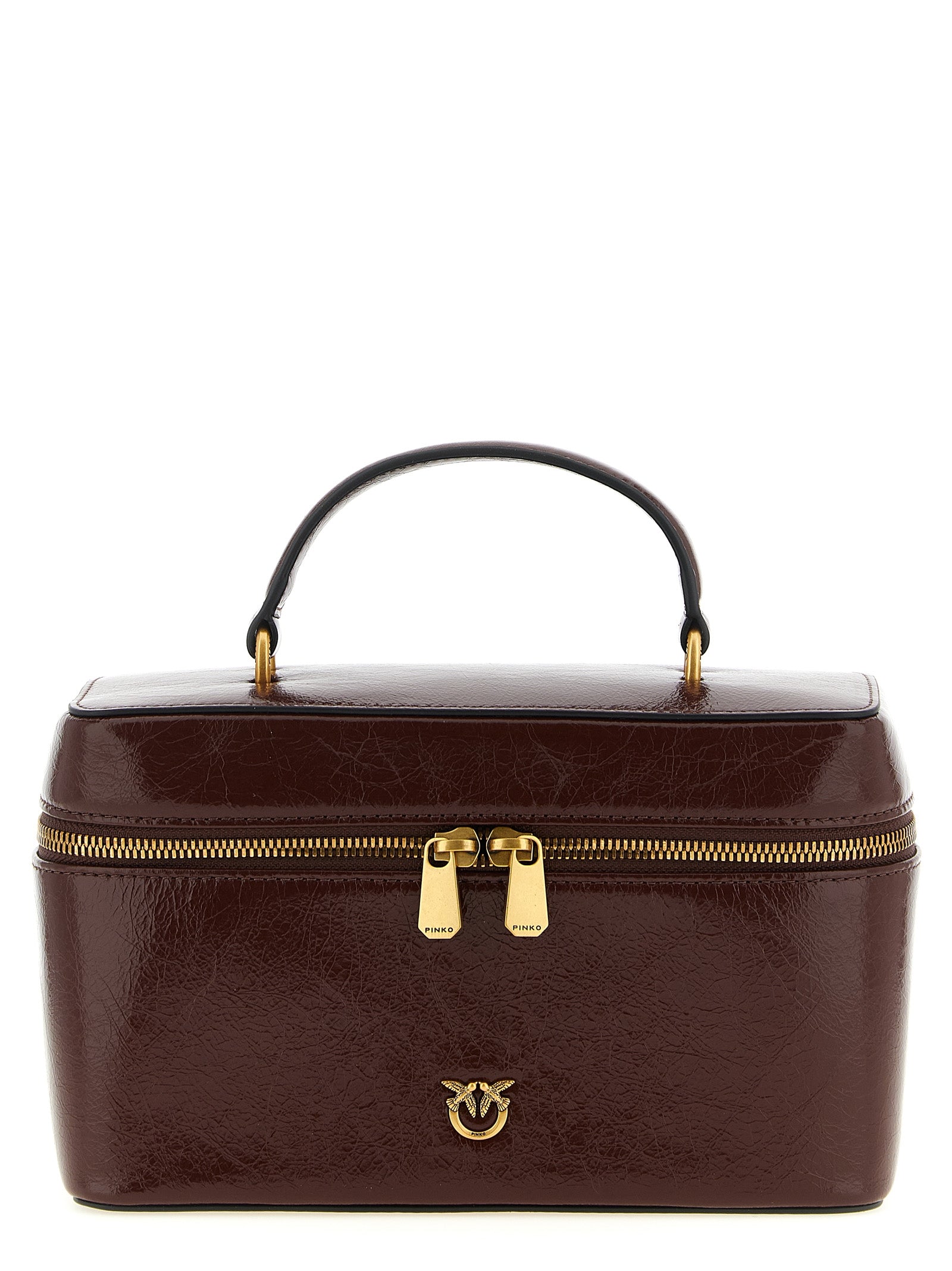 Vanity Handbag by PINKO for women in calfskin leather brown & gold features a refined silhouette, showcasing a secure zipper, organized , and versatile shoulder-strap, handle & adjustable-strap for a refined finish.
