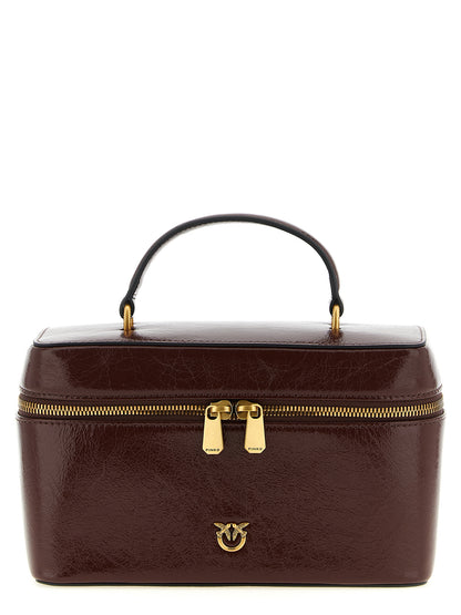 Vanity Handbag by PINKO for women in calfskin leather brown & gold features a refined silhouette, showcasing a secure zipper, organized , and versatile shoulder-strap, handle & adjustable-strap for a refined finish.