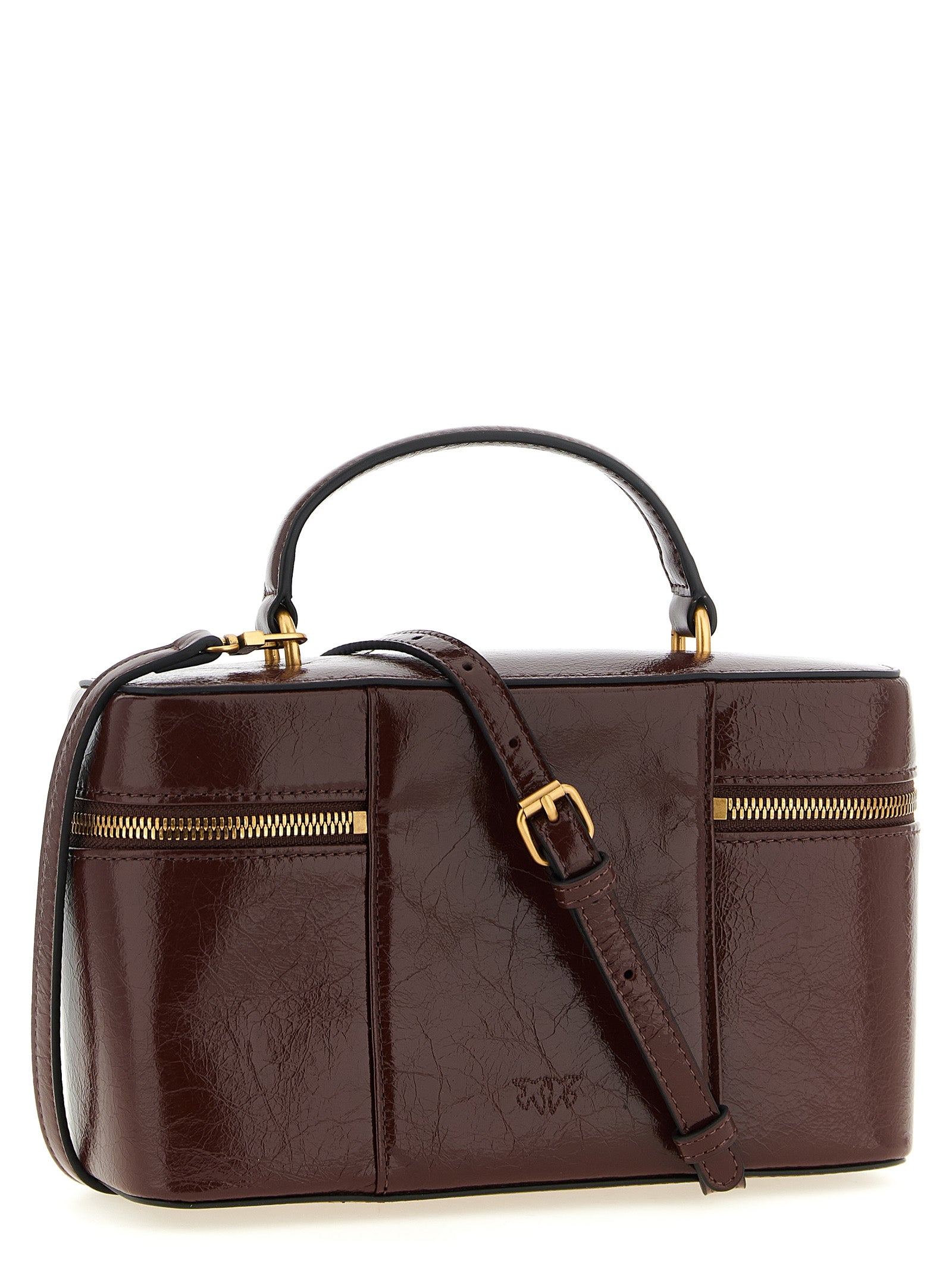 Vanity Handbag by PINKO for women in calfskin leather brown & gold features a signature silhouette, showcasing a secure zipper and signature with versatile shoulder-strap, handle & adjustable-strap for a sophisticated look.