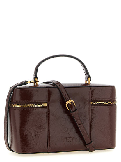 Vanity Handbag by PINKO for women in calfskin leather brown & gold features a signature silhouette, showcasing a secure zipper and signature with versatile shoulder-strap, handle & adjustable-strap for a sophisticated look.