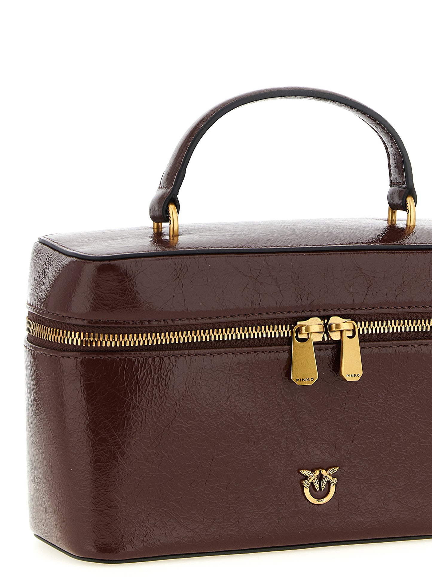Vanity Handbag by PINKO for women in calfskin leather brown & gold features an refined silhouette, showcasing a secure zipper, ample , and versatile shoulder-strap, handle & adjustable-strap for a sophisticated refined aesthetic.