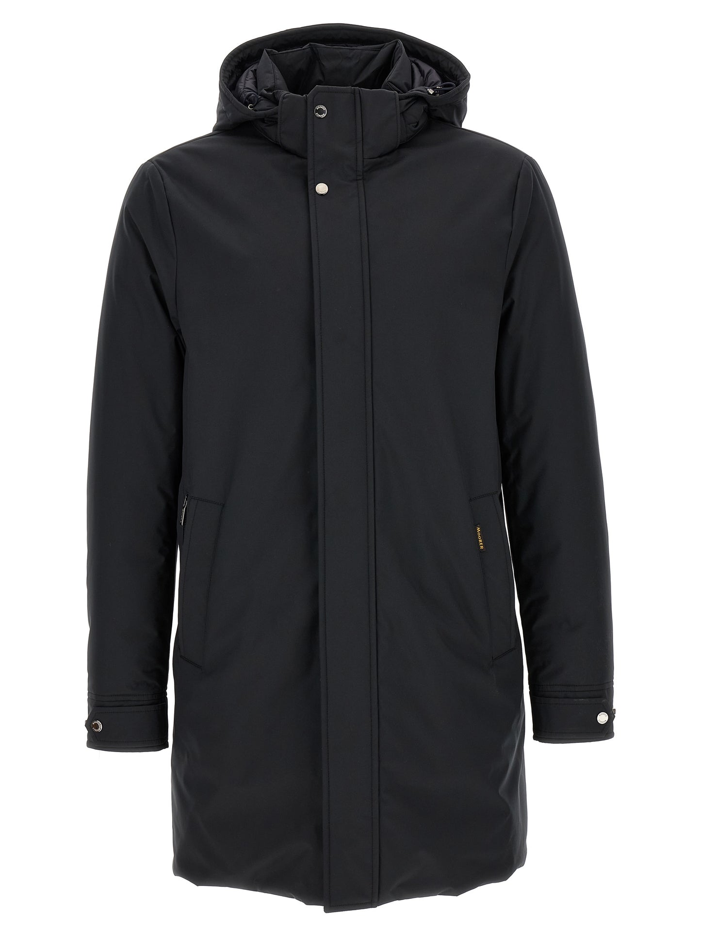 This Hooded Parka by MooRER for men in cashmere wool black & blue presents a utilitarian silhouette, meticulously detailed with pockets, hooded & insulated and a utilitarian hooded neckline for a sophisticated, weather-ready look.
