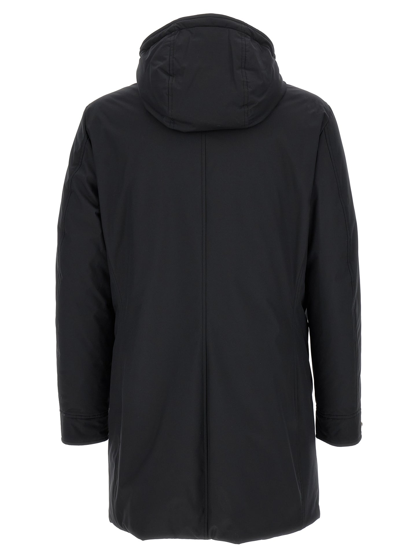 This Hooded Parka by MooRER for men in cashmere wool black & blue presents a enveloping silhouette, meticulously detailed with pockets, hooded & insulated and a enveloping hooded neckline.