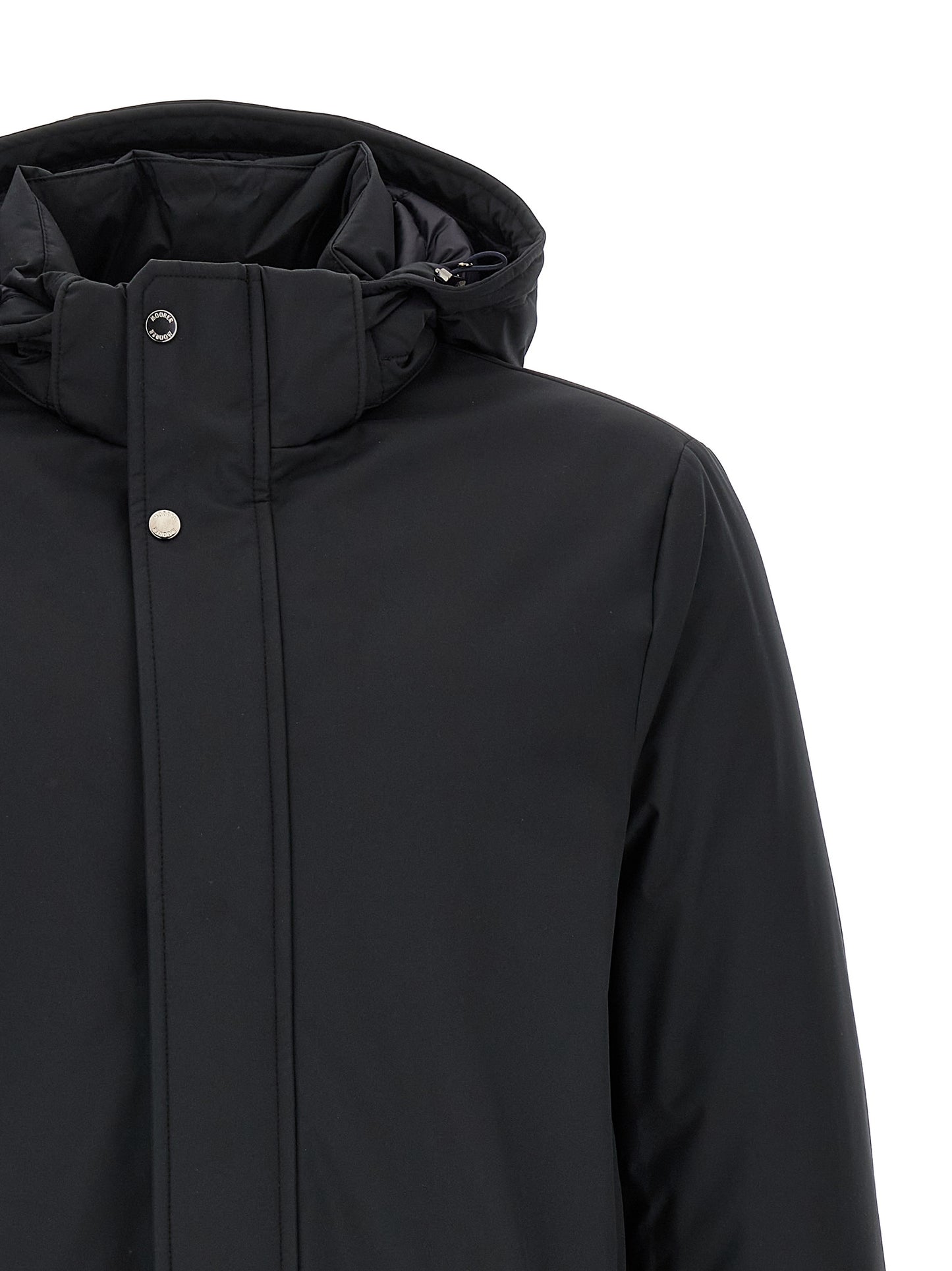 Hooded Parka by MooRER for men in cashmere wool black & blue features an avant garde silhouette, showcasing refined pockets, hooded & insulated and a sophisticated hooded neckline for a polished look.