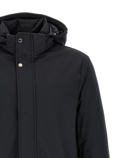 Hooded Parka by MooRER for men in cashmere wool black & blue features an avant garde silhouette, showcasing refined pockets, hooded & insulated and a sophisticated hooded neckline for a polished look.