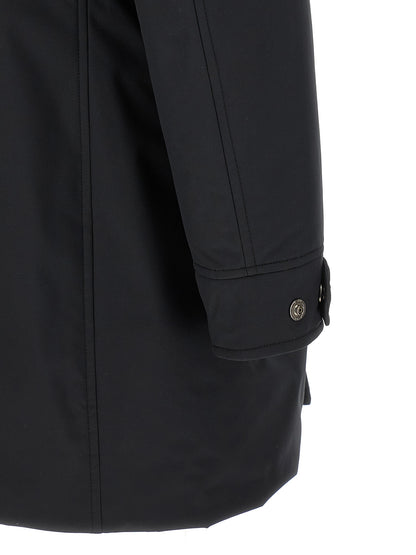 Hooded Parka by MooRER for men in cashmere wool black & blue features a modern silhouette, showcasing a sophisticated hooded neckline and premium pockets, hooded & insulated for a truly modern finish.