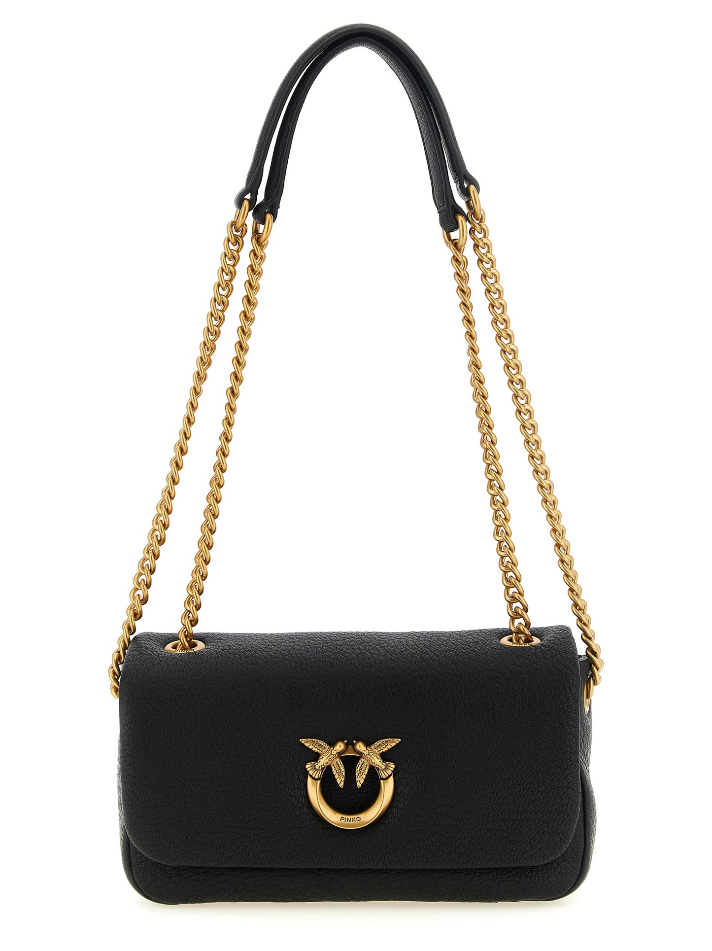 Shoulder Flap Bag by PINKO for women in polyester black, gold & signature features a effortless sophistication silhouette, secured by a flap, zipper & buckle with ample and versatile shoulder-strap for a effortless sophistication finish.