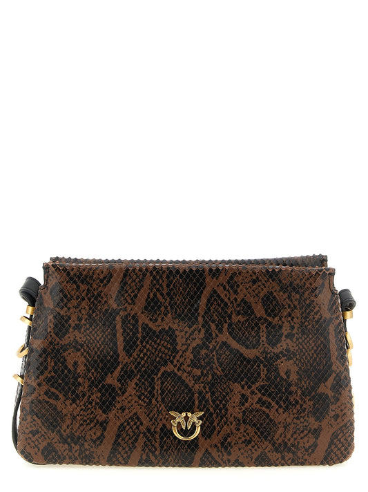 2-in-1 Shoulder & Crossbody Handbag by PINKO for women in calfskin leather black, brown, gold, signature & print features a transformative sophistication silhouette, showcasing a secure zipper, ample , and versatile crossbody-strap, shoulder-strap & adjustable-strap for a transformative sophistication look.