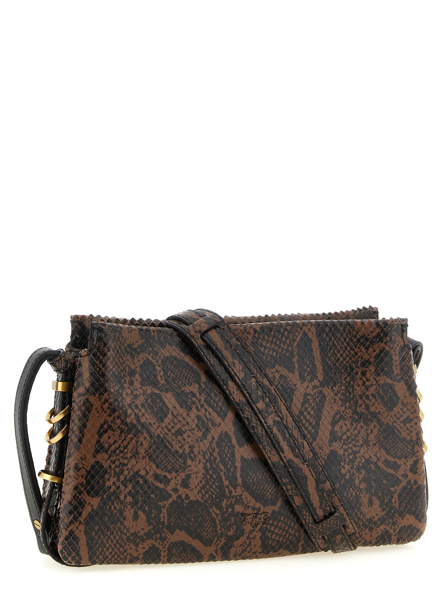 2-in-1 Shoulder & Crossbody Handbag by PINKO for women in calfskin leather black, brown, gold, signature & print features an multi-faceted design with a secure zipper, ample , and versatile crossbody-strap, shoulder-strap & adjustable-strap for a multi-faceted finish.
