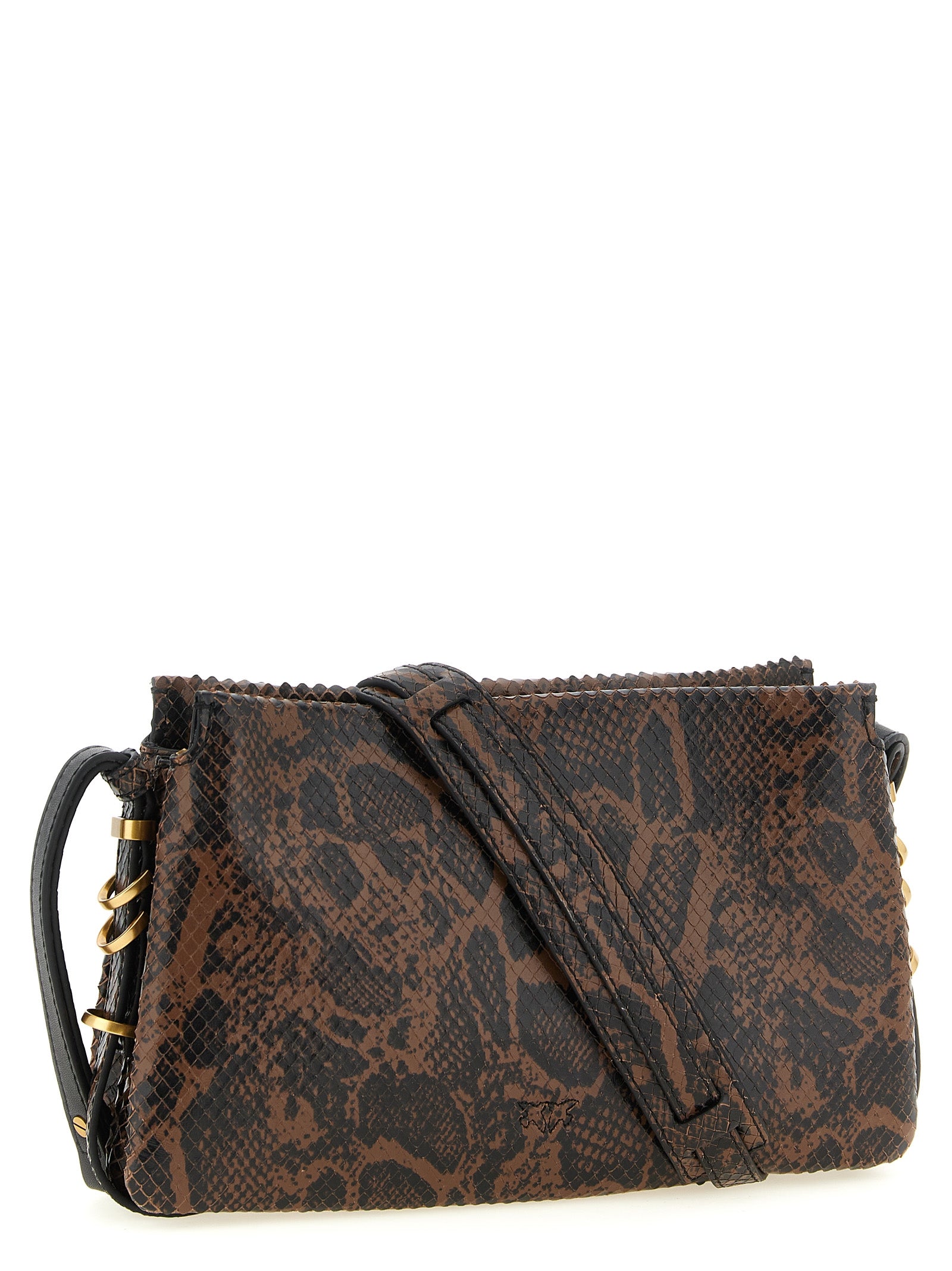 2-in-1 Shoulder & Crossbody Handbag by PINKO for women in calfskin leather black, brown, gold, signature & print features an multi-faceted design with a secure zipper, ample , and versatile crossbody-strap, shoulder-strap & adjustable-strap for a multi-faceted finish.