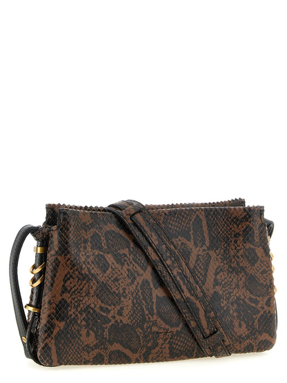 2-in-1 Shoulder & Crossbody Handbag by PINKO for women in calfskin leather black, brown, gold, signature & print features an multi-faceted design with a secure zipper, ample , and versatile crossbody-strap, shoulder-strap & adjustable-strap for a multi-faceted finish.