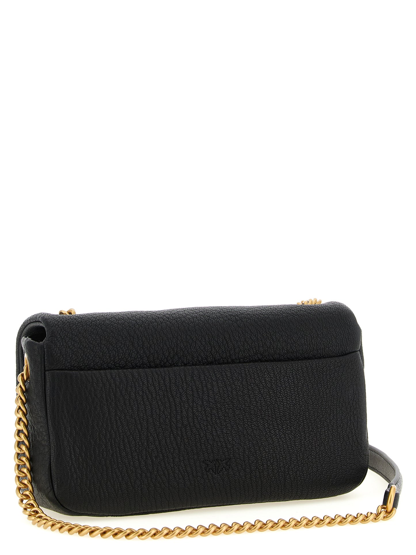 Shoulder Flap Bag by PINKO for women in polyester black, gold & signature features a stately silhouette, showcasing a secure flap, zipper & buckle, ample , and stately shoulder-strap for a stately finish.