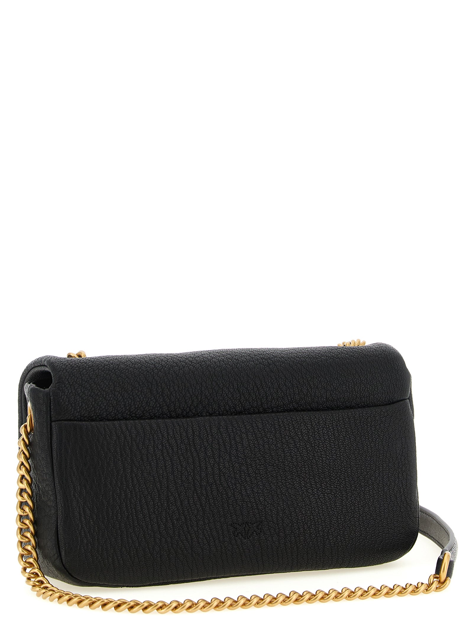 Shoulder Flap Bag by PINKO for women in polyester black, gold & signature features a stately silhouette, showcasing a secure flap, zipper & buckle, ample , and stately shoulder-strap for a stately finish.