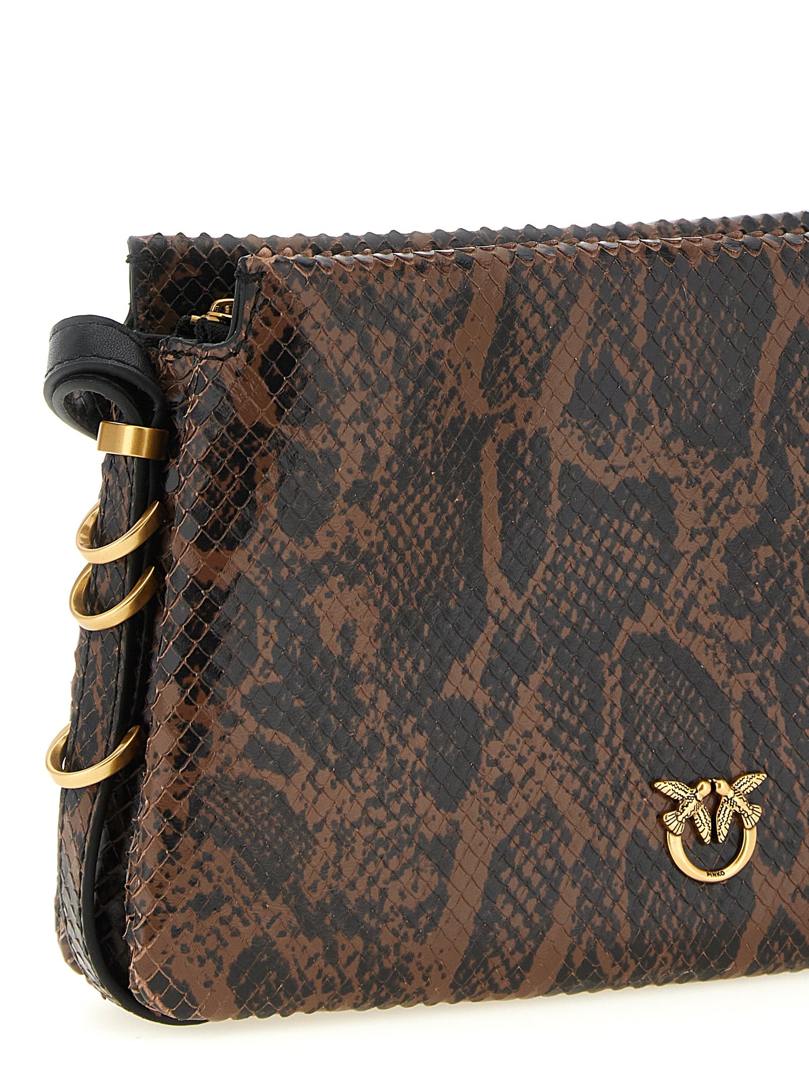 2-in-1 Shoulder & Crossbody Handbag by PINKO for women in calfskin leather black, brown, gold, signature & print features a multifaceted silhouette, showcasing a secure zipper and multifaceted with versatile crossbody-strap, shoulder-strap & adjustable-strap for multifaceted style.