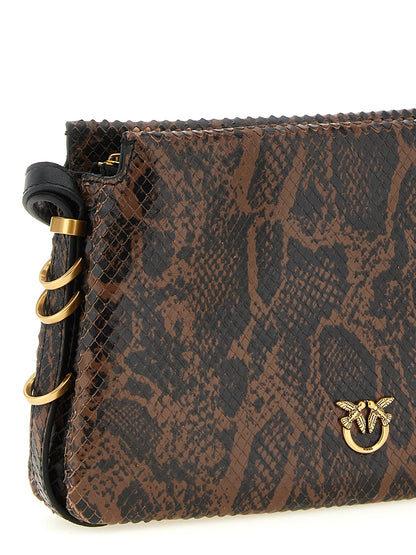 2-in-1 Shoulder & Crossbody Handbag by PINKO for women in calfskin leather black, brown, gold, signature & print features a multifaceted silhouette, showcasing a secure zipper and multifaceted with versatile crossbody-strap, shoulder-strap & adjustable-strap for multifaceted style.