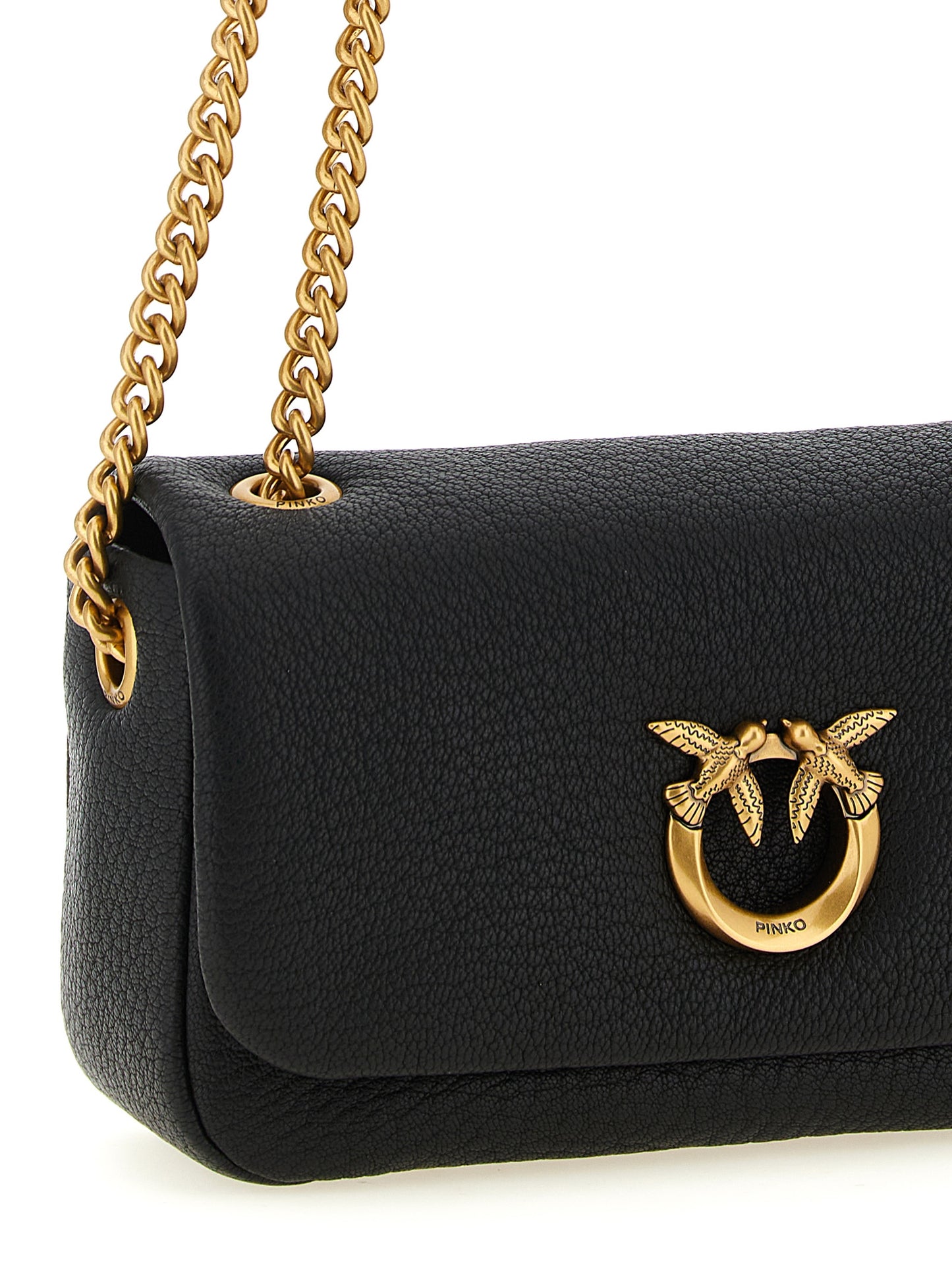 Shoulder Flap Bag by PINKO for women in polyester black, gold & signature presents a statuesque silhouette, showcasing a secure flap, zipper & buckle and statuesque with versatile shoulder-strap for a sophisticated look.