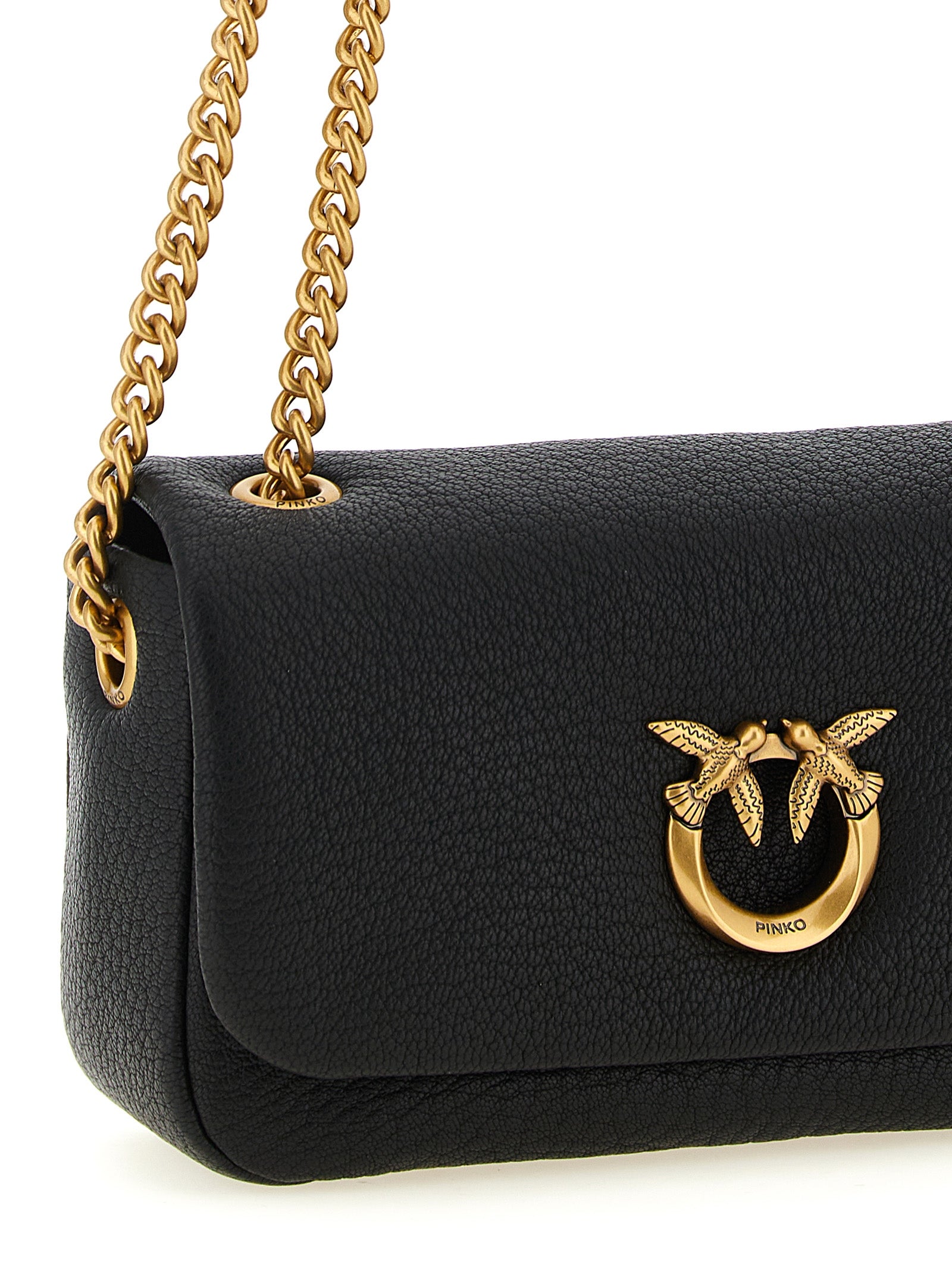 Shoulder Flap Bag by PINKO for women in polyester black, gold & signature presents a statuesque silhouette, showcasing a secure flap, zipper & buckle and statuesque with versatile shoulder-strap for a sophisticated look.