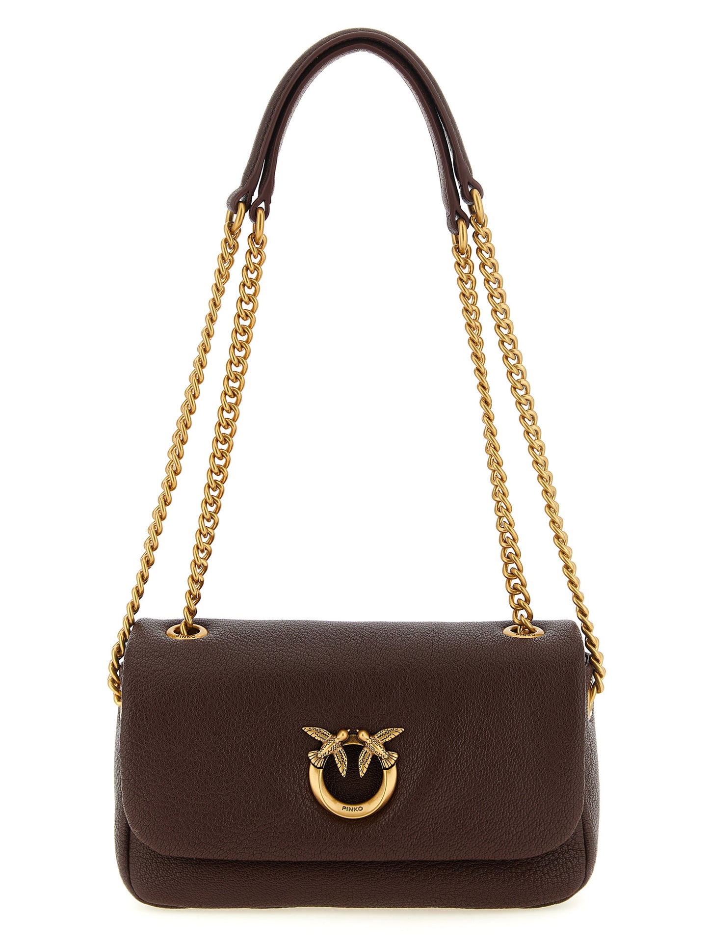 Shoulder Bag by PINKO for women in polyester brown & gold showcases a statuesque silhouette, artfully detailed with a secure zipper & buckle, organized , and versatile shoulder-strap for a statuesque look.