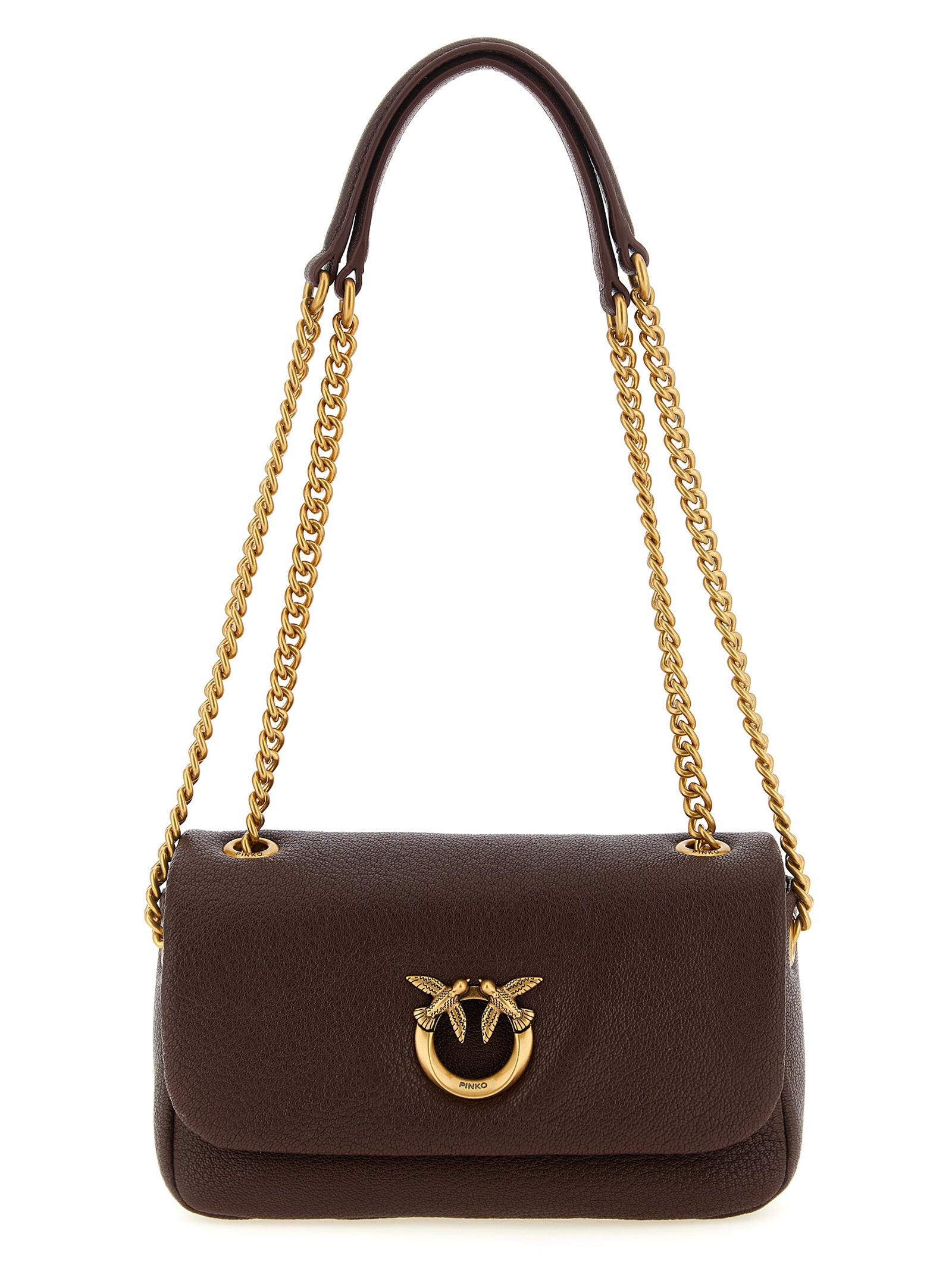 Shoulder Bag by PINKO for women in polyester brown & gold showcases a statuesque silhouette, artfully detailed with a secure zipper & buckle, organized , and versatile shoulder-strap for a statuesque look.